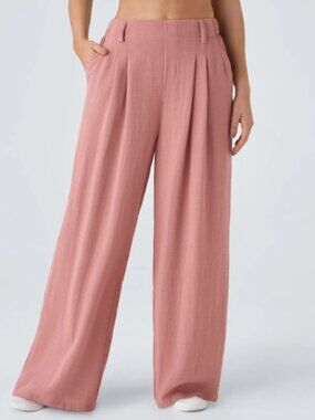 NWT-High Waisted Pocket Wide Leg Flowy Solid Palazzo Casual Linen-Feel Pants- XL